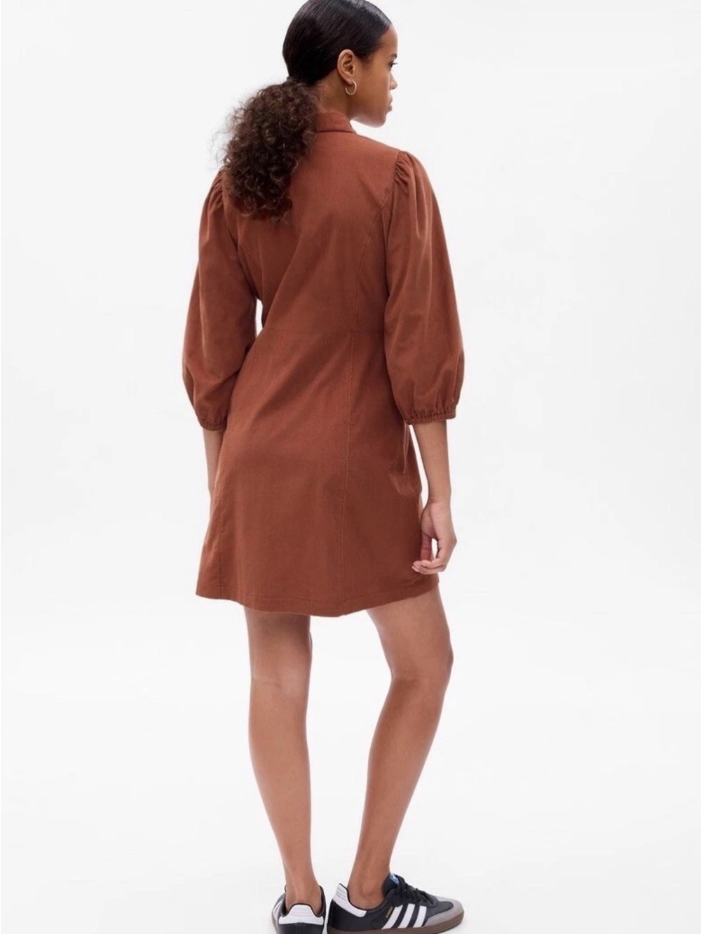 GAP Saddle Brown Corduroy Button-Front Puff Sleeve Mini Dress S 100% Cotton - Picture 2 of 13